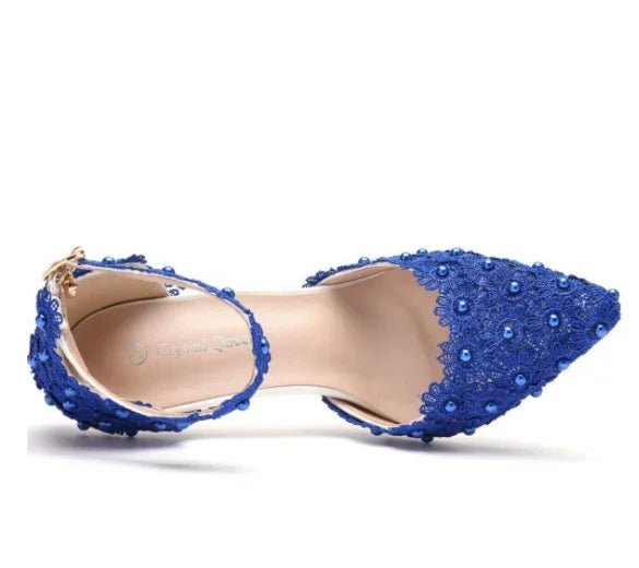 Buckle-Strap Hollow Lace Pointed Bridal Heels - Luzilly Bridal & Apparel