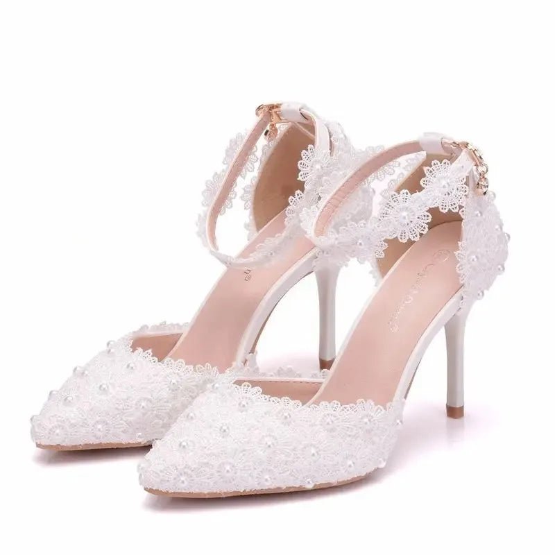 Buckle-Strap Hollow Lace Pointed Bridal Heels - Luzilly Bridal & Apparel