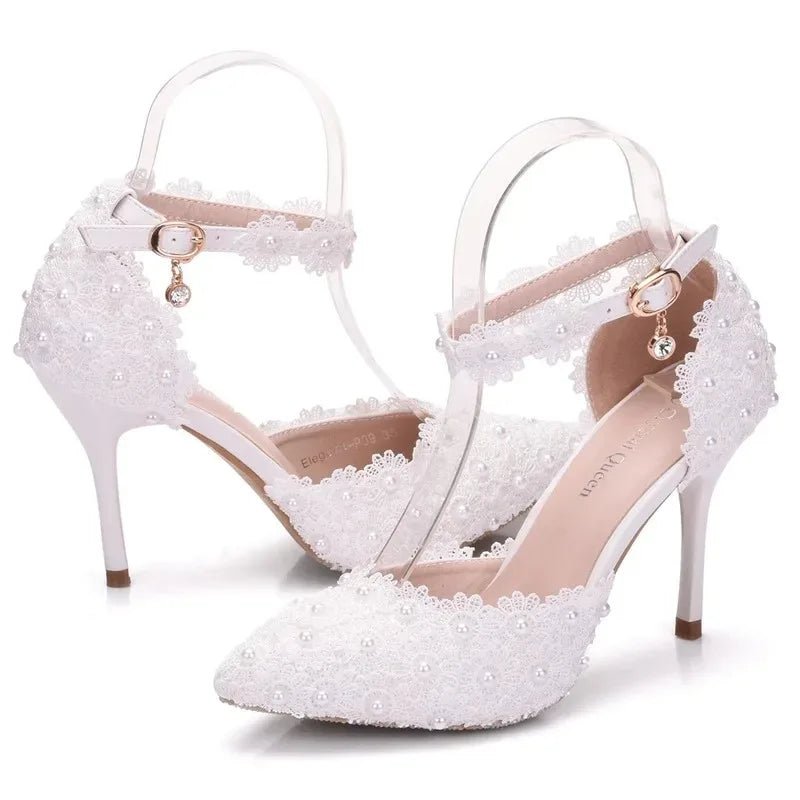 Buckle-Strap Hollow Lace Pointed Bridal Heels - Luzilly Bridal & Apparel