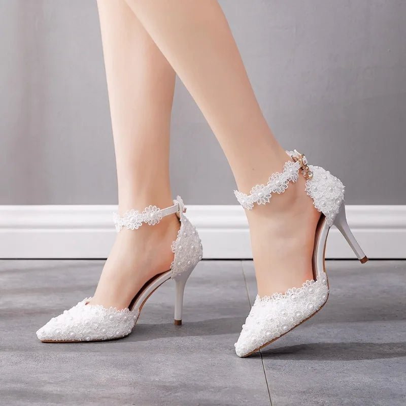 Buckle-Strap Hollow Lace Pointed Bridal Heels - Luzilly Bridal & Apparel