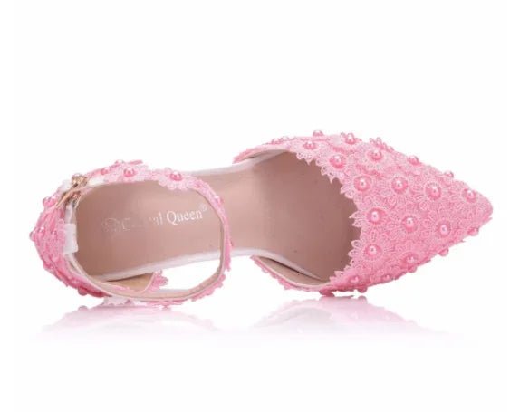 Buckle-Strap Hollow Lace Pointed Bridal Heels - Luzilly Bridal & Apparel