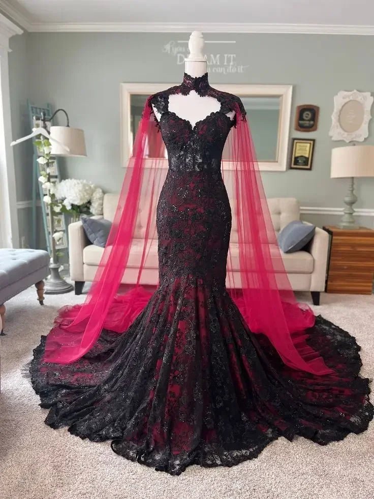 Burgundy And Black Gothic Wedding Dress With Wrap Off The Shoulder Lace Trumpet Bridal Gown Chapel Train Customized Vestido - Luzilly Bridal & Apparel
