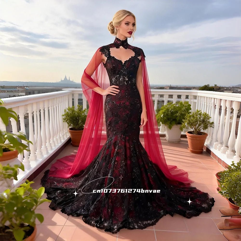Burgundy And Black Gothic Wedding Dress With Wrap Off The Shoulder Lace Trumpet Bridal Gown Chapel Train Customized Vestido - Luzilly Bridal & Apparel