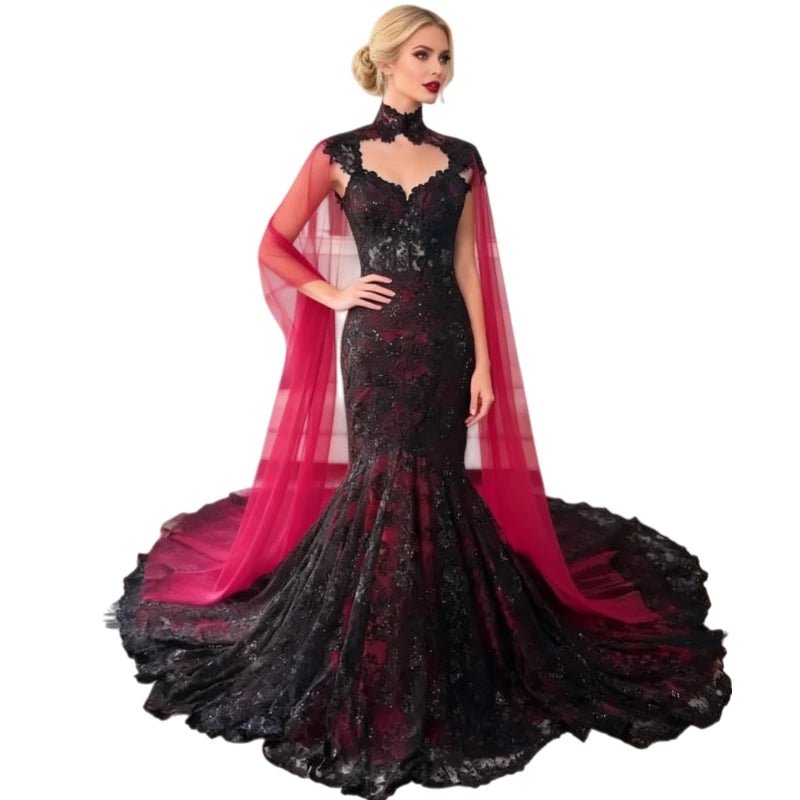 Burgundy And Black Gothic Wedding Dress With Wrap Off The Shoulder Lace Trumpet Bridal Gown Chapel Train Customized Vestido - Luzilly Bridal & Apparel