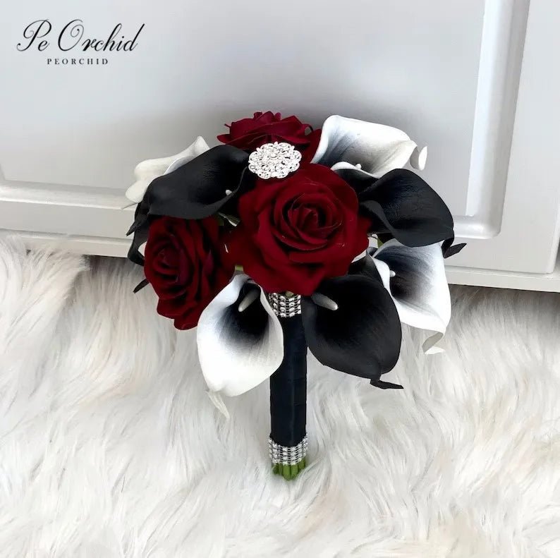 Burgundy & Black Calla Lily Brooch Bouquet - Luzilly Bridal & Apparel