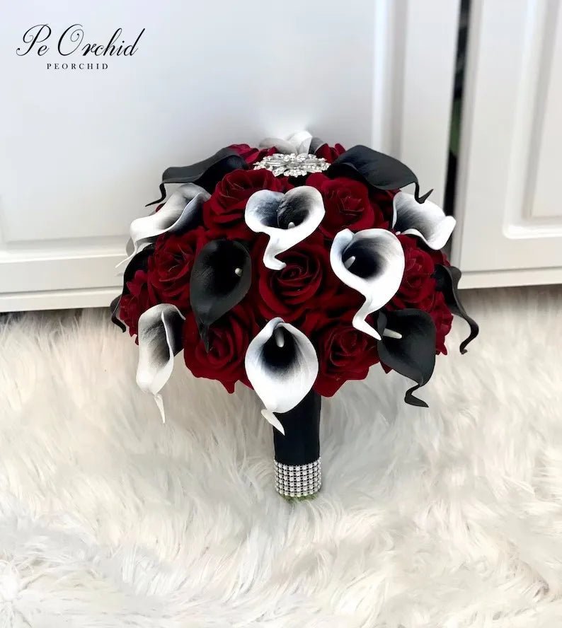 Burgundy & Black Calla Lily Brooch Bouquet - Luzilly Bridal & Apparel