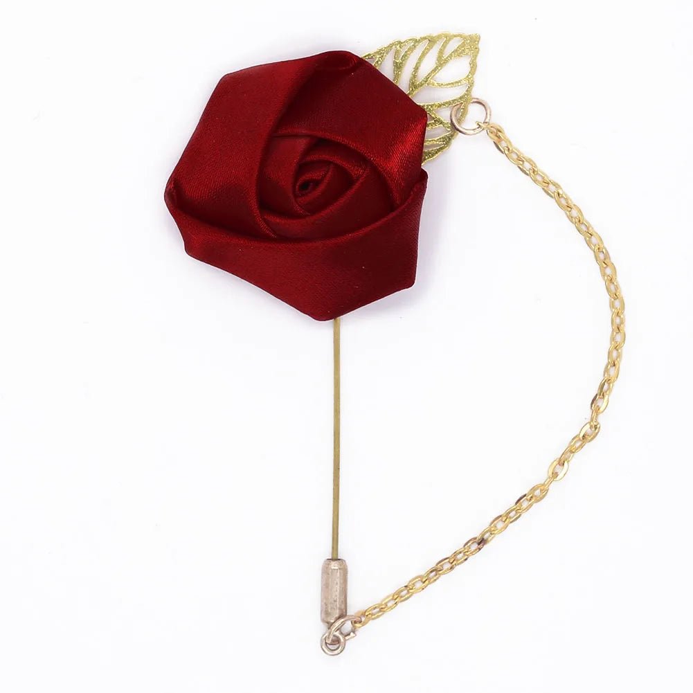 Burgundy Boutonnieres Wedding Accessories Groom Corsage Lapel Pins Ribbon Rose Flower Women Buttonhole Brooch Mariage Prom Decor - Luzilly Bridal & Apparel