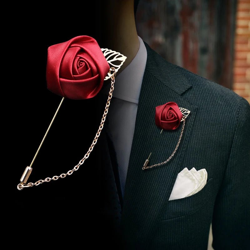 Burgundy Boutonnieres Wedding Accessories Groom Corsage Lapel Pins Ribbon Rose Flower Women Buttonhole Brooch Mariage Prom Decor - Luzilly Bridal & Apparel