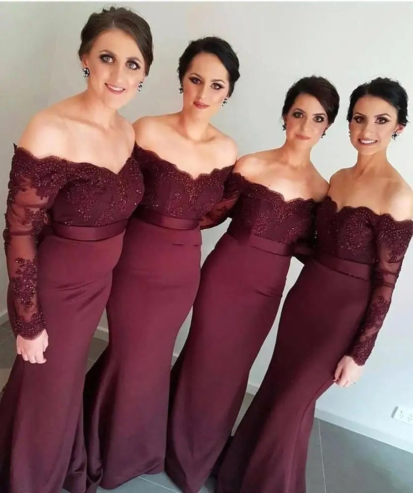 Burgundy Lace Long Sleeve Mermaid Bridesmaid Dress - Luzilly Bridal & Apparel