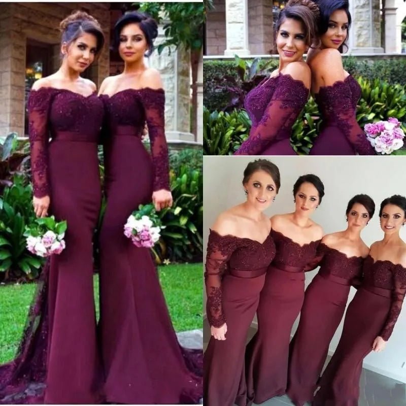 Burgundy Lace Long Sleeve Mermaid Bridesmaid Dress - Luzilly Bridal & Apparel