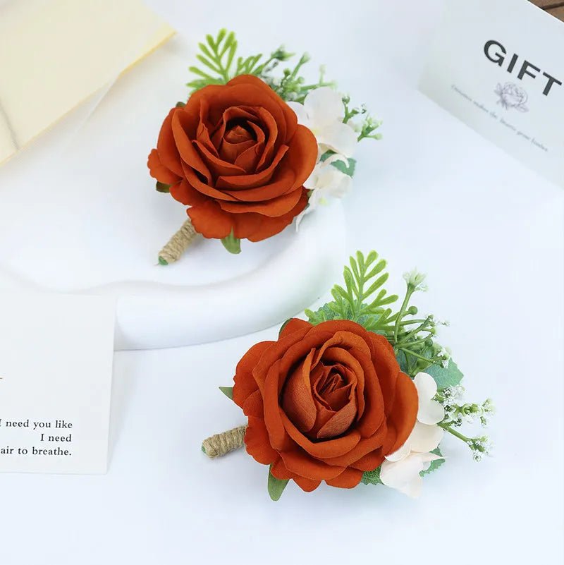 Burnt Orange Boutonniere Groom Best Man Groomsmen Artificial Flowers for Wedding Ceremony Fall Vintage Rustic Marriage Prom - Luzilly Bridal & Apparel