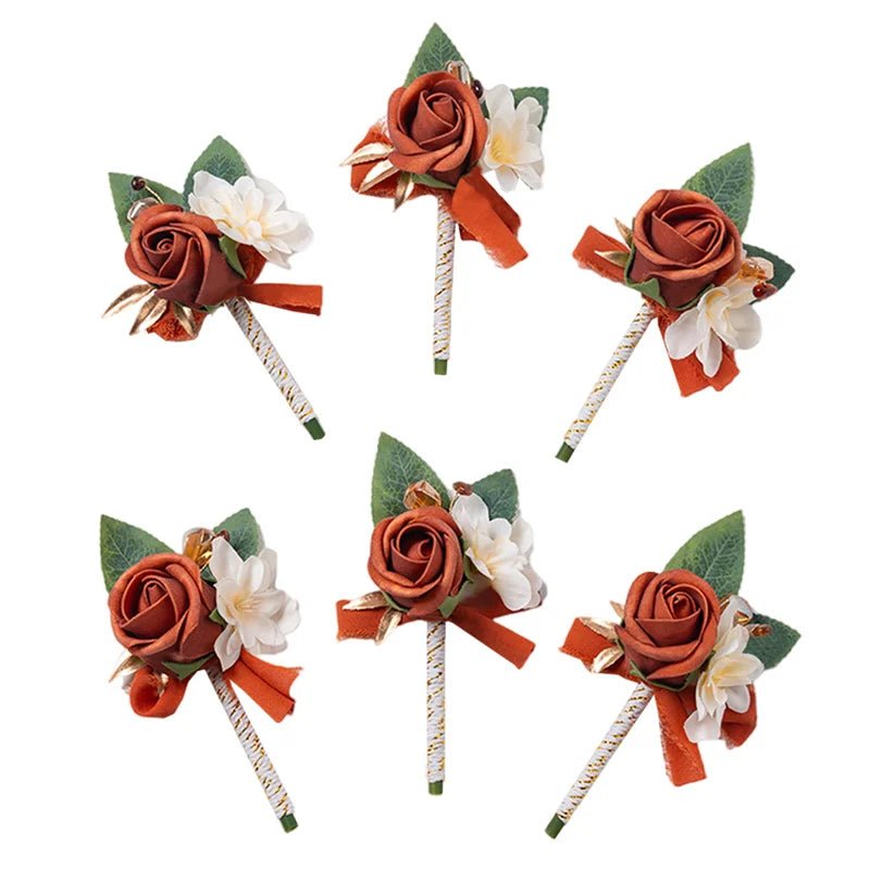 Burnt Orange Boutonniere Groom Best Man Groomsmen Artificial Flowers for Wedding Ceremony Fall Vintage Rustic Marriage Prom - Luzilly Bridal & Apparel