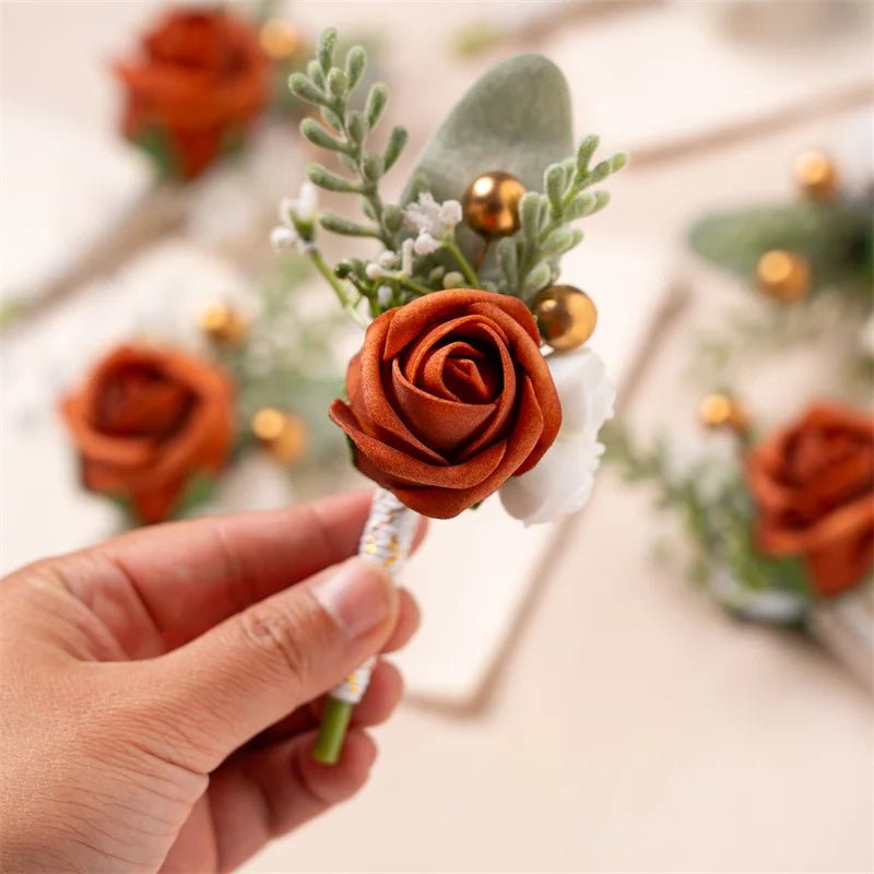 Burnt Orange Boutonniere Groom Best Man Groomsmen Artificial Flowers for Wedding Ceremony Fall Vintage Rustic Marriage Prom - Luzilly Bridal & Apparel