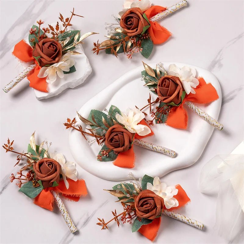 Burnt Orange Boutonniere Groom Best Man Groomsmen Artificial Flowers for Wedding Ceremony Fall Vintage Rustic Marriage Prom - Luzilly Bridal & Apparel