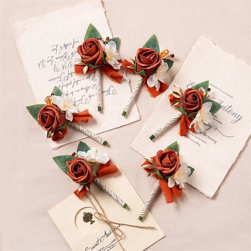 Burnt Orange Boutonniere Groom Best Man Groomsmen Artificial Flowers for Wedding Ceremony Fall Vintage Rustic Marriage Prom - Luzilly Bridal & Apparel