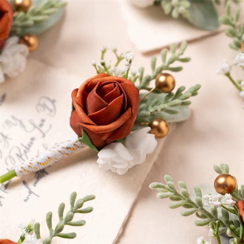 Burnt Orange Boutonniere Groom Best Man Groomsmen Artificial Flowers for Wedding Ceremony Fall Vintage Rustic Marriage Prom - Luzilly Bridal & Apparel