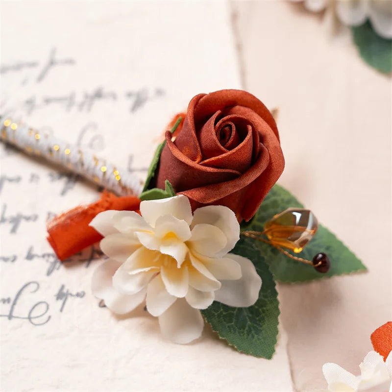 Burnt Orange Boutonniere Groom Best Man Groomsmen Artificial Flowers for Wedding Ceremony Fall Vintage Rustic Marriage Prom - Luzilly Bridal & Apparel