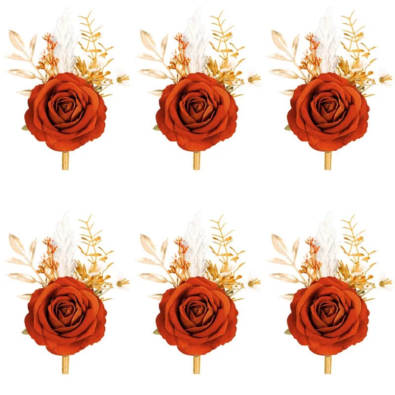 Burnt Orange Boutonniere Groom Best Man Groomsmen Artificial Flowers for Wedding Ceremony Fall Vintage Rustic Marriage Prom - Luzilly Bridal & Apparel