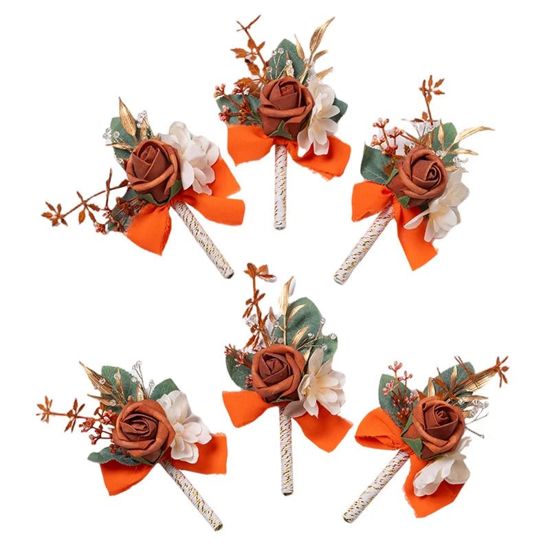 Burnt Orange Boutonniere Groom Best Man Groomsmen Artificial Flowers for Wedding Ceremony Fall Vintage Rustic Marriage Prom - Luzilly Bridal & Apparel