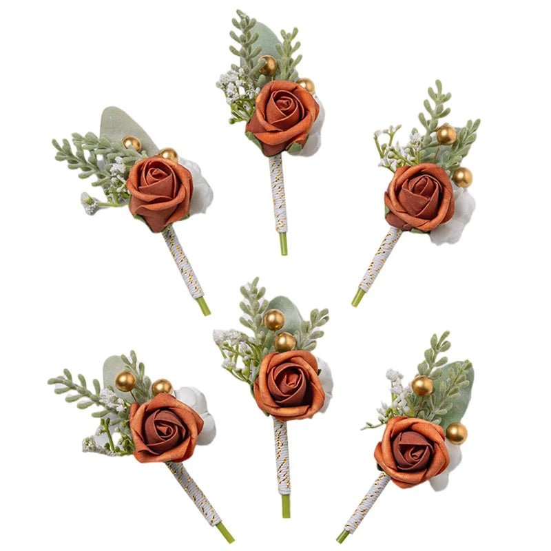 Burnt Orange Boutonniere Groom Best Man Groomsmen Artificial Flowers for Wedding Ceremony Fall Vintage Rustic Marriage Prom - Luzilly Bridal & Apparel