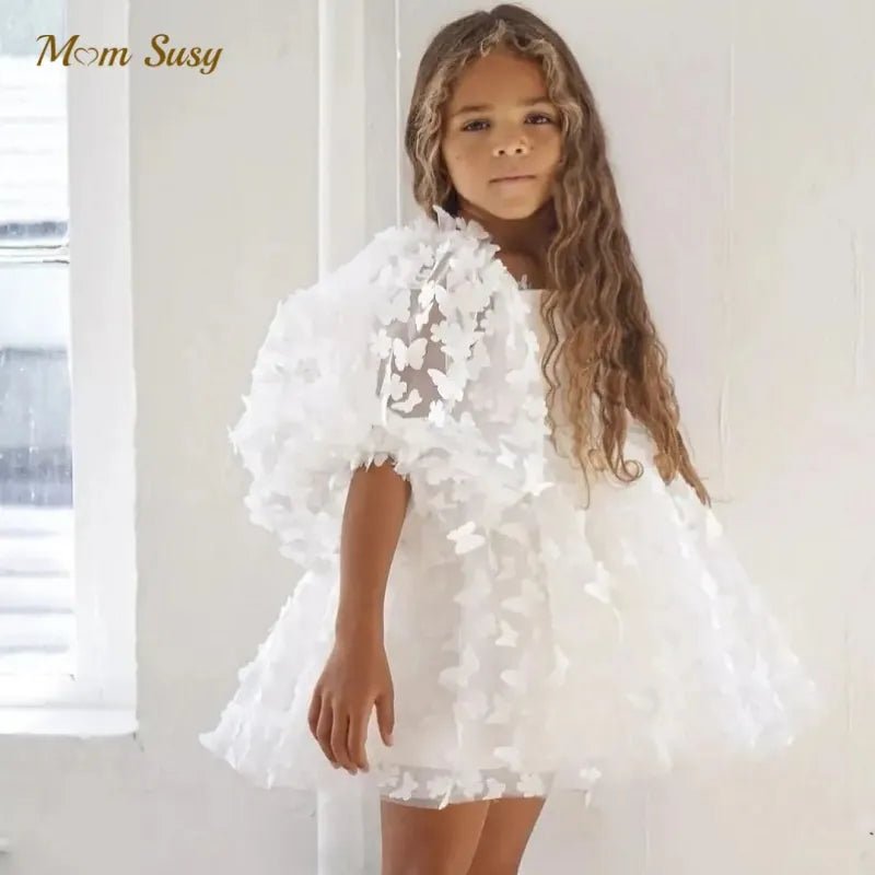 Butterfly Puff-Sleeve Tulle Tutu Flower Girl Dress - Luzilly Bridal & Apparel