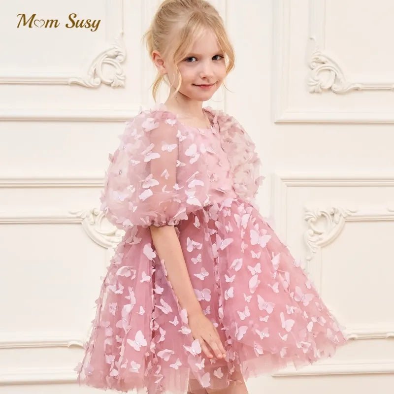 Butterfly Tulle Puff-Sleeve Girls Party Dress - Luzilly Bridal & Apparel