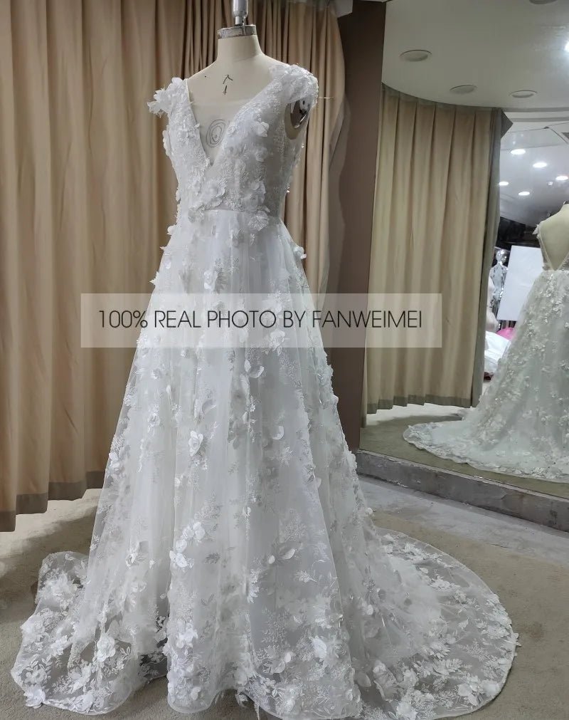 Cap-Sleeve Champagne Lace A-Line Backless Wedding Dress - Luzilly Bridal & Apparel