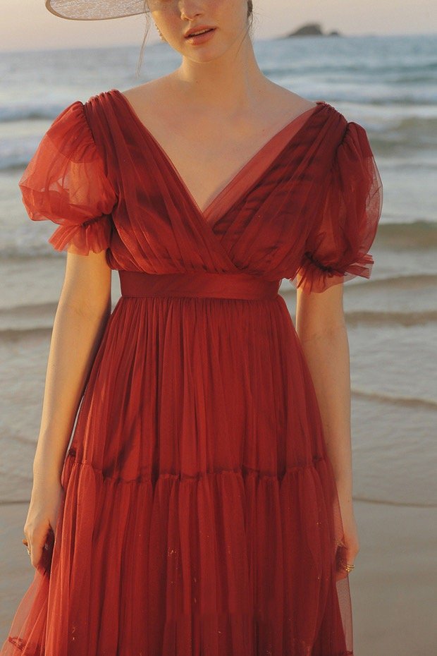 Cape-shoulder short sleeves ruched bodice V-neck layered skirt long tulle prom dress - Luzilly Bridal & Apparel
