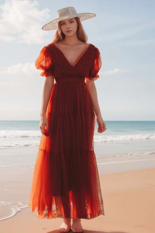 Cape-shoulder short sleeves ruched bodice V-neck layered skirt long tulle prom dress - Luzilly Bridal & Apparel