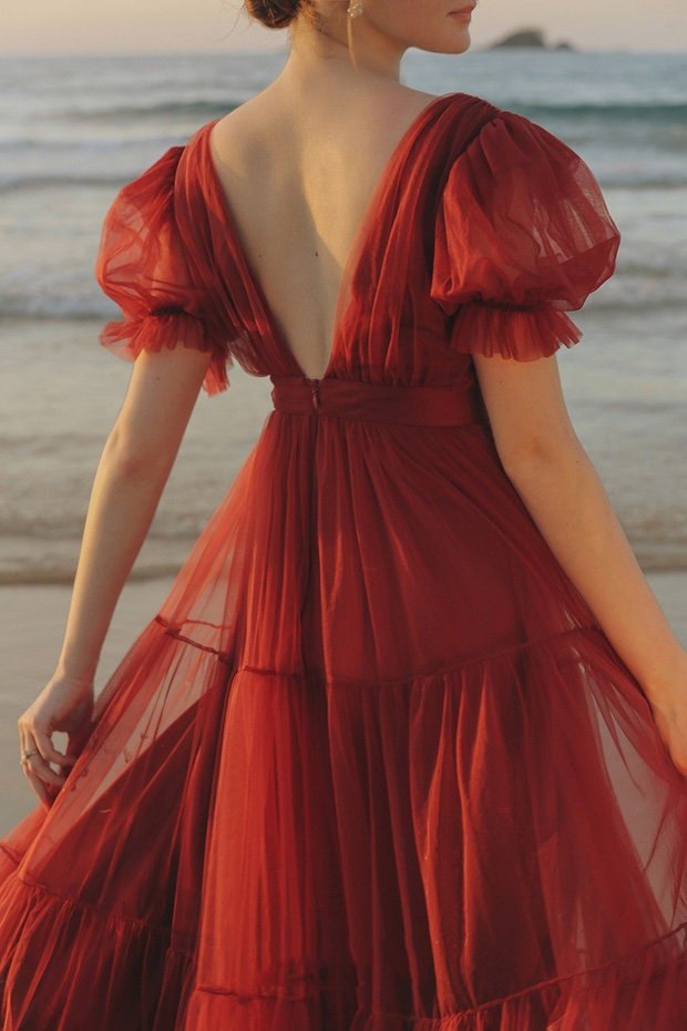 Cape-shoulder short sleeves ruched bodice V-neck layered skirt long tulle prom dress - Luzilly Bridal & Apparel