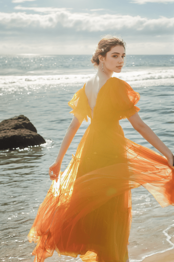 Cape-shoulder short sleeves ruched bodice V-neck layered skirt long tulle prom dress - Luzilly Bridal & Apparel