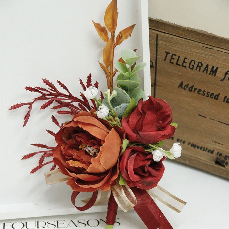 Caramel Wine Red Artifical Flower Business Celebration Guest Boutonniere Flowers Wrist Corsage Wedding Accessoires - Luzilly Bridal & Apparel