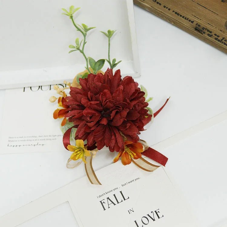Caramel Wine Red Artifical Flower Business Celebration Guest Boutonniere Flowers Wrist Corsage Wedding Accessoires - Luzilly Bridal & Apparel