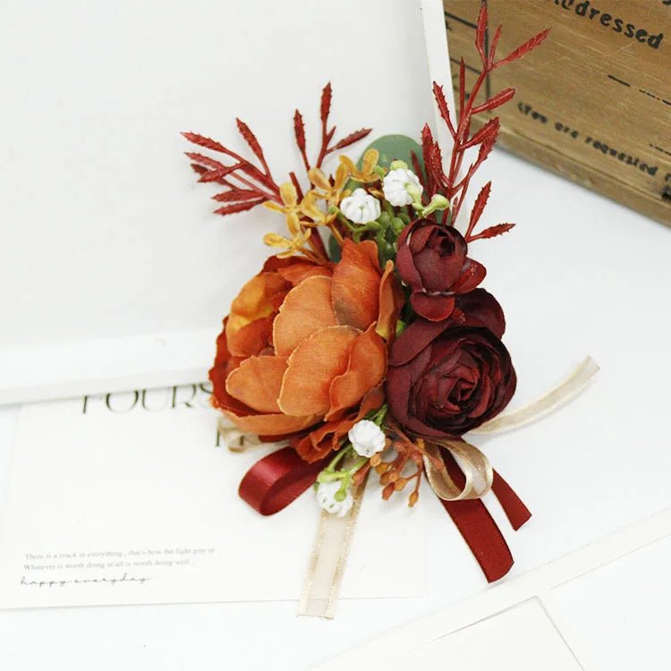 Caramel Wine Red Artifical Flower Business Celebration Guest Boutonniere Flowers Wrist Corsage Wedding Accessoires - Luzilly Bridal & Apparel