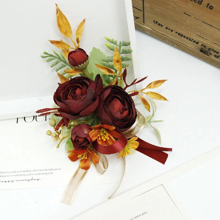 Caramel Wine Red Artifical Flower Business Celebration Guest Boutonniere Flowers Wrist Corsage Wedding Accessoires - Luzilly Bridal & Apparel