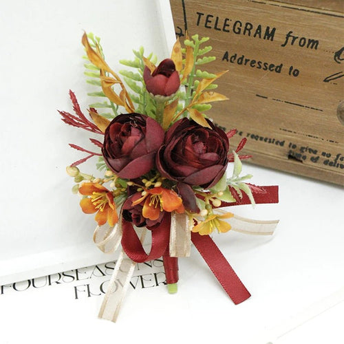 Caramel Wine Red Artifical Flower Business Celebration Guest Boutonniere Flowers Wrist Corsage Wedding Accessoires - Luzilly Bridal & Apparel
