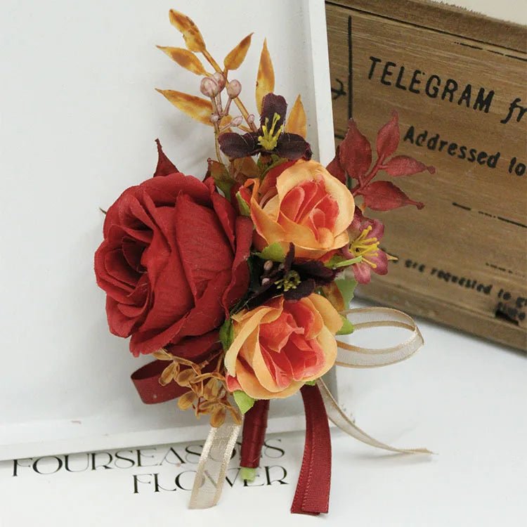 Caramel Wine Red Artifical Flower Business Celebration Guest Boutonniere Flowers Wrist Corsage Wedding Accessoires - Luzilly Bridal & Apparel