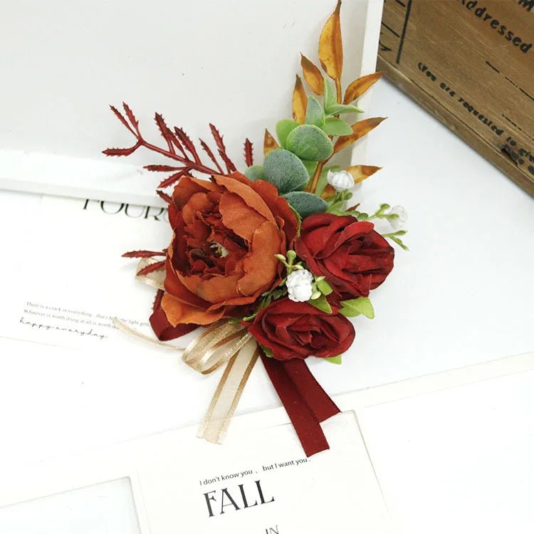 Caramel Wine Red Artifical Flower Business Celebration Guest Boutonniere Flowers Wrist Corsage Wedding Accessoires - Luzilly Bridal & Apparel