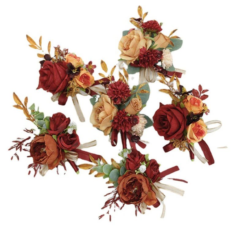 Caramel Wine Red Artifical Flower Business Celebration Guest Boutonniere Flowers Wrist Corsage Wedding Accessoires - Luzilly Bridal & Apparel