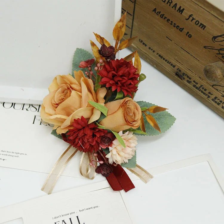Caramel Wine Red Artifical Flower Business Celebration Guest Boutonniere Flowers Wrist Corsage Wedding Accessoires - Luzilly Bridal & Apparel