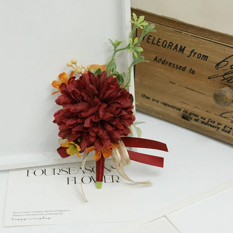 Caramel Wine Red Artifical Flower Business Celebration Guest Boutonniere Flowers Wrist Corsage Wedding Accessoires - Luzilly Bridal & Apparel