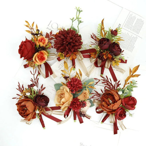 Caramel Wine Red Artifical Flower Business Celebration Guest Boutonniere Flowers Wrist Corsage Wedding Accessoires - Luzilly Bridal & Apparel