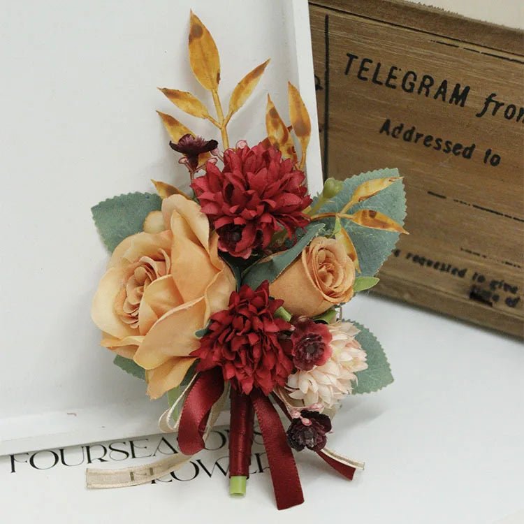 Caramel Wine Red Artifical Flower Business Celebration Guest Boutonniere Flowers Wrist Corsage Wedding Accessoires - Luzilly Bridal & Apparel