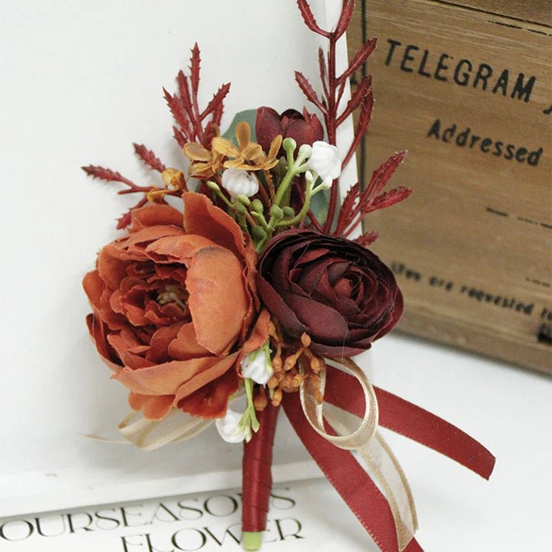 Caramel Wine Red Artifical Flower Business Celebration Guest Boutonniere Flowers Wrist Corsage Wedding Accessoires - Luzilly Bridal & Apparel