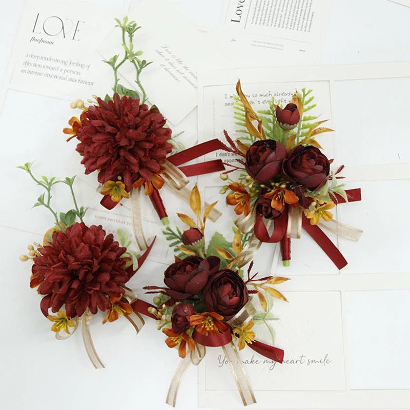 Caramel Wine Red Artifical Flower Business Celebration Guest Boutonniere Flowers Wrist Corsage Wedding Accessoires - Luzilly Bridal & Apparel