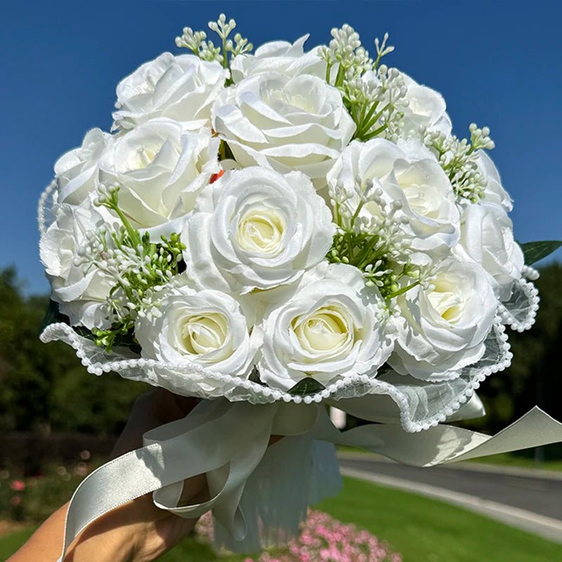 Cascading Bridal Bouquet with Pearl-Trimmed Bow - Luzilly Bridal & Apparel