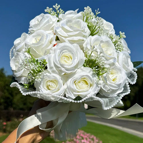 Cascading Bridal Bouquet with Pearl-Trimmed Bow - Luzilly Bridal & Apparel