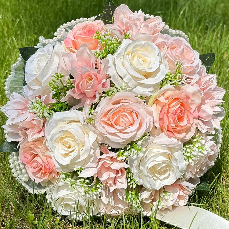 Cascading Bridal Bouquet with Pearl-Trimmed Bow - Luzilly Bridal & Apparel