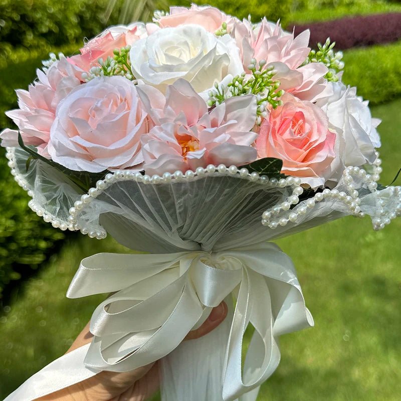 Cascading Bridal Bouquet with Pearl-Trimmed Bow - Luzilly Bridal & Apparel