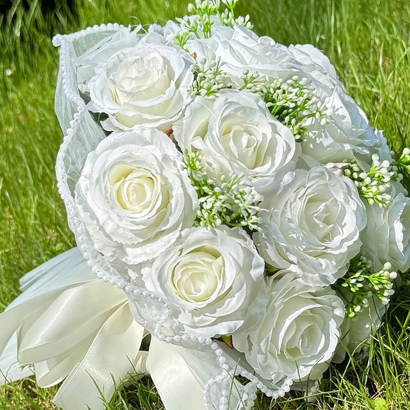 Cascading Bridal Bouquet with Pearl-Trimmed Bow - Luzilly Bridal & Apparel